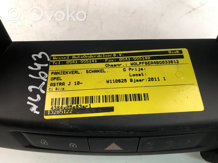 Opel Astra J Hazard light switch 13285122