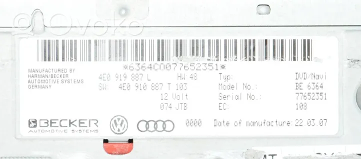Audi A6 S6 C6 4F Navigaatioyksikkö CD/DVD-soitin 4e0910887t