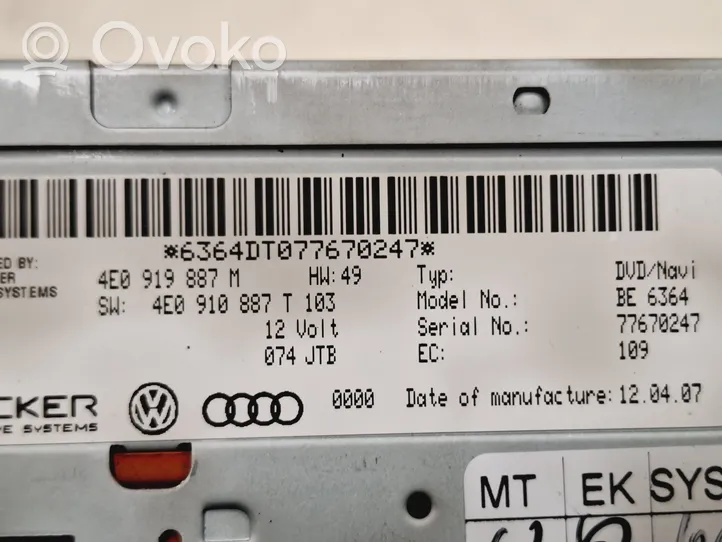 Audi A8 S8 D3 4E Unité de navigation Lecteur CD / DVD 4E0919887M