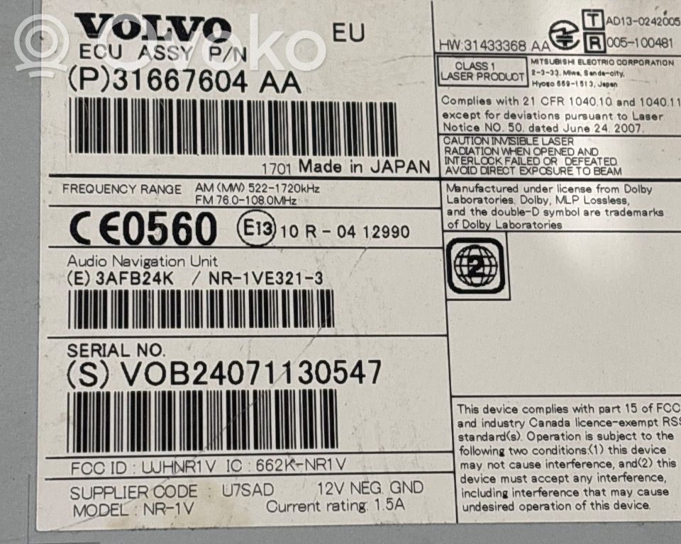 Volvo V60 Panel / Radioodtwarzacz CD/DVD/GPS 