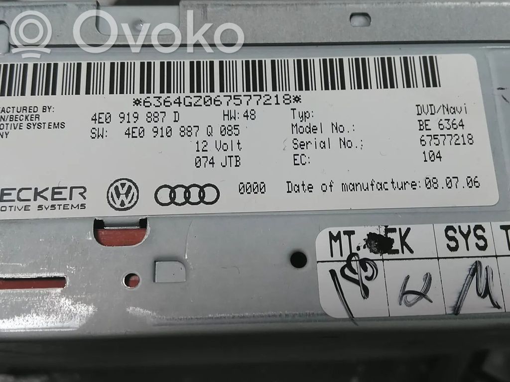 Navigation unit CD/DVD player   4E0919887D,4E0910887C,4E0910887D,4E0910887DX,4E0910887M,4E0910887MX,4E0910887Q,4E0910887QX,4E0910887T,4E0910887TX,4E0910888E,4E0910888EX,4E0910888P,4E0910888PX,4E0919887C,4E0919887DX,4E0919887M