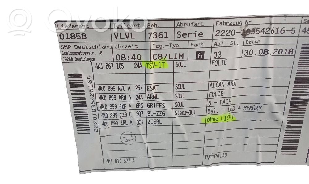 Audi A6 S6 C8 4K Boczki / Poszycie drzwi przednich 