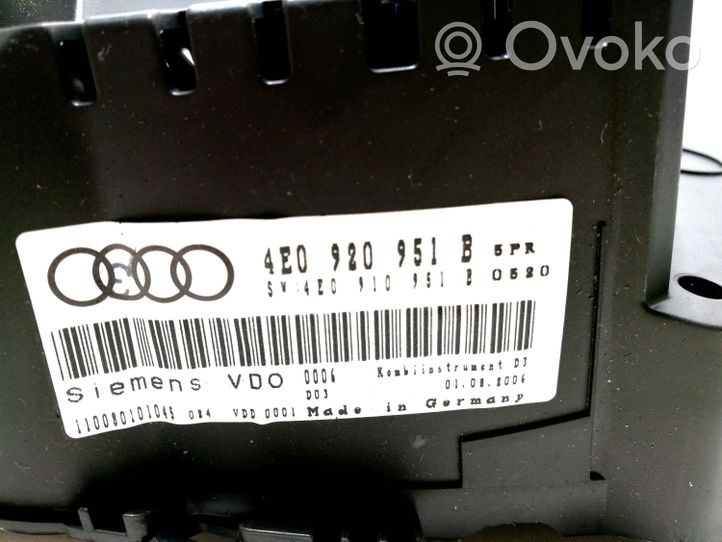 Audi A8 S8 D3 4E Compteur de vitesse tableau de bord 4E0920951B