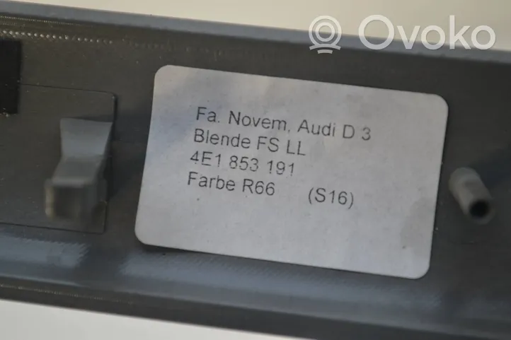 Audi A8 S8 D3 4E Kojelaudan hansikaslokeron lista 4E1853191