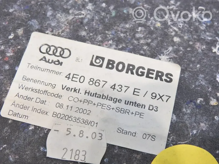 Audi A8 S8 D3 4E Tapis de sol / moquette de cabine arrière 4E0867437E