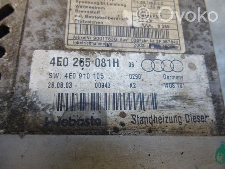 Audi A8 S8 D3 4E Unité de préchauffage auxiliaire Webasto 4E0265081H