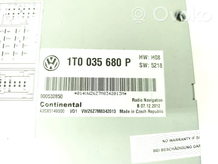Volkswagen Tiguan Radio/CD/DVD/GPS-pääyksikkö 1T0035680P