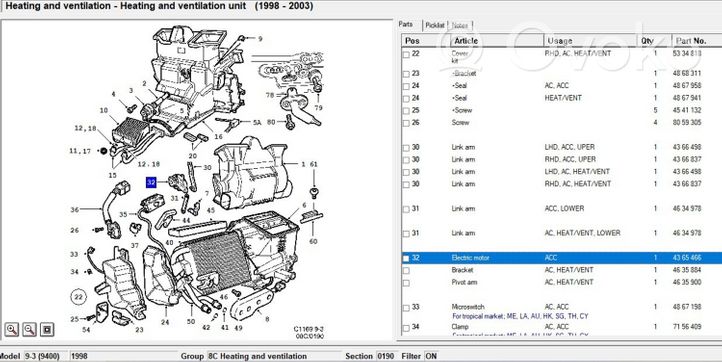 Saab 9-3 Ver1 Silniczek nagrzewnicy nawiewu klimatyzacji A/C 4365466