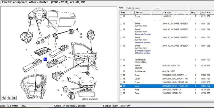 Saab 9-3 Ver2 Set di interruttori 1127343