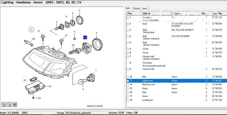 Saab 9-3 Ver2 Modulo di zavorra faro Xenon 12790587