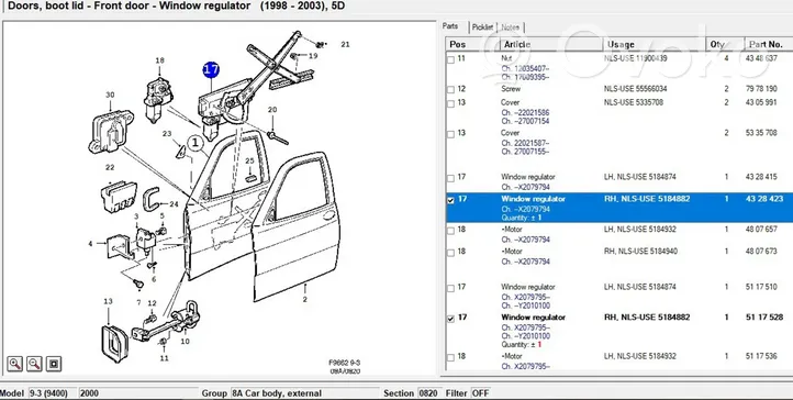 Saab 9-3 Ver1 Elektryczny podnośnik szyby drzwi przednich 5117528