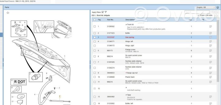 Volvo S60 Ammortizzatore portellone posteriore/bagagliaio 31333202