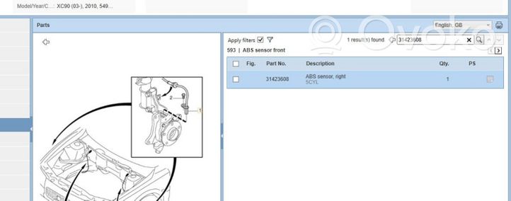 Volvo XC90 ABS-jarru pyörän nopeusanturi 31423608