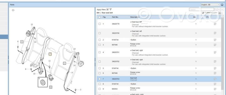 Volvo V60 Pas bezpieczeństwa fotela tylnego środkowego 39828783