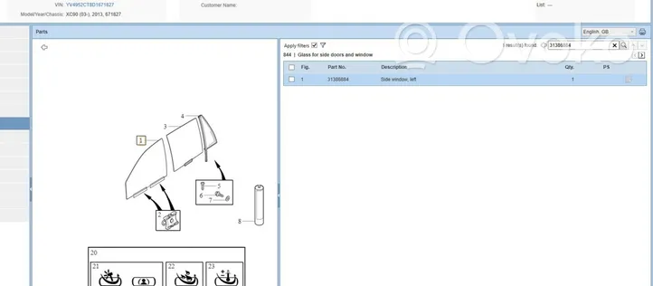 Volvo XC90 Front door window glass four-door 31386884