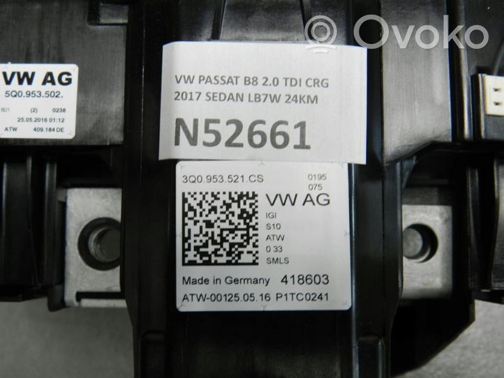 Volkswagen PASSAT B8 Interruptor/palanca de limpiador de luz de giro 3Q0953521CS