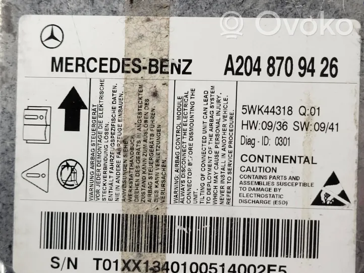 Mercedes-Benz C AMG W204 Turvatyynyn ohjainlaite/moduuli A2048709426