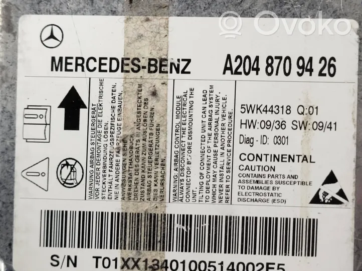 Mercedes-Benz C AMG W204 Centralina/modulo airbag A2048709426