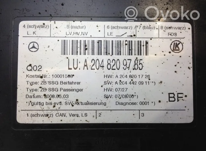 Mercedes-Benz C W204 Modulo di controllo sedile A2129005300