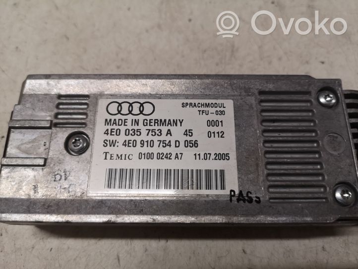 Audi A4 S4 B7 8E 8H Äänikomentojen ohjainlaite 4E0035753A