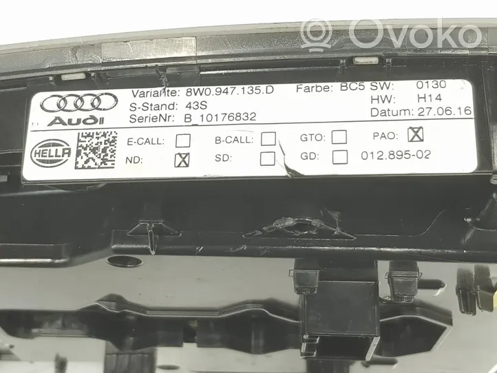 Audi A4 S4 B9 Rivestimento della console di illuminazione installata sul rivestimento del tetto 8W0947135D
