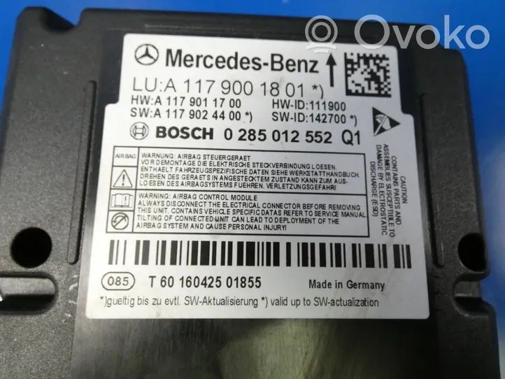 Mercedes-Benz CLA C117 X117 W117 Centralina/modulo airbag A1179001801