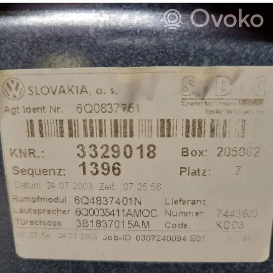 Volkswagen Polo Manualny podnośnik szyby drzwi 6Q0837751