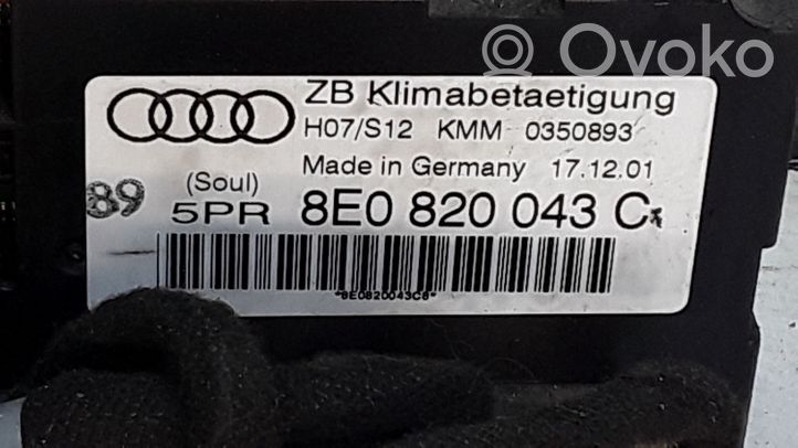 Audi A4 S4 B6 8E 8H Gaisa kondicioniera / klimata kontroles / salona apsildes vadības bloks (salonā) 8E0820043C