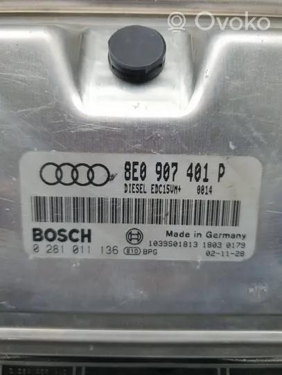Audi A4 S4 B6 8E 8H Moottorin ohjainlaite/moduuli 8E0907401P