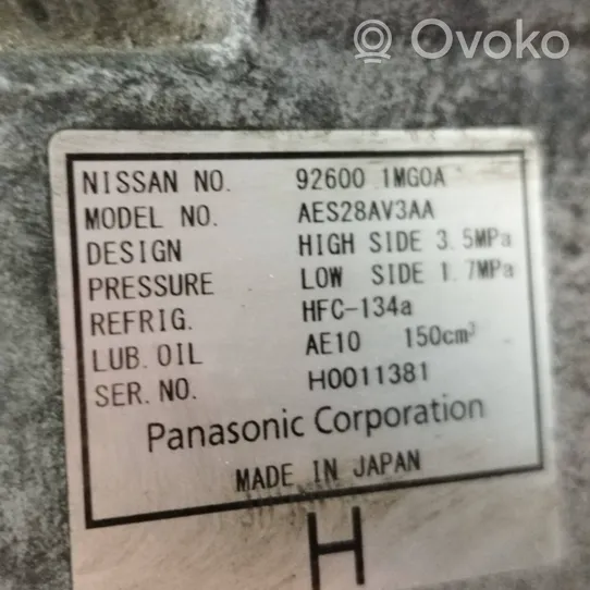 Nissan Leaf I (ZE0) Compressore aria condizionata (A/C) (pompa) 926001MG0A