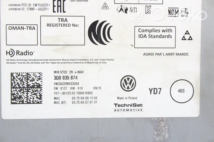 Volkswagen PASSAT B8 Radio/CD/DVD/GPS-pääyksikkö 3Q0035874