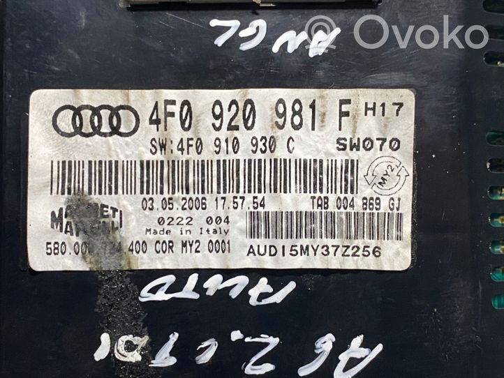 Audi A6 S6 C6 4F Spidometrs (instrumentu panelī) 4F0920981F