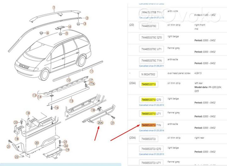Volkswagen Sharan Copertura del rivestimento del sottoporta posteriore 7M0853371J