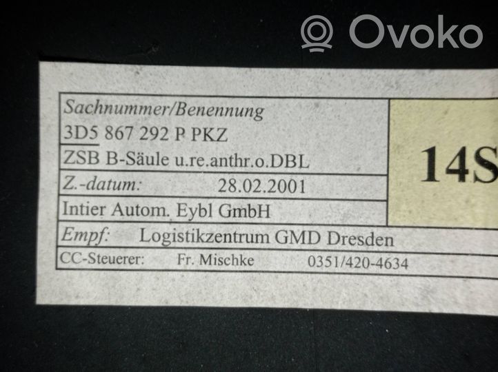 Volkswagen Phaeton B-pilarin verhoilu (alaosa) 3D5867292P