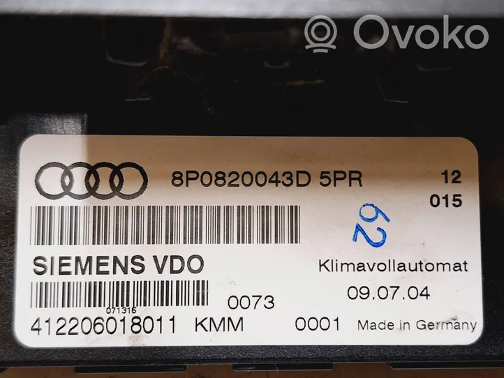 Audi A3 S3 8P Ilmastoinnin ohjainlaite 8P0820043D