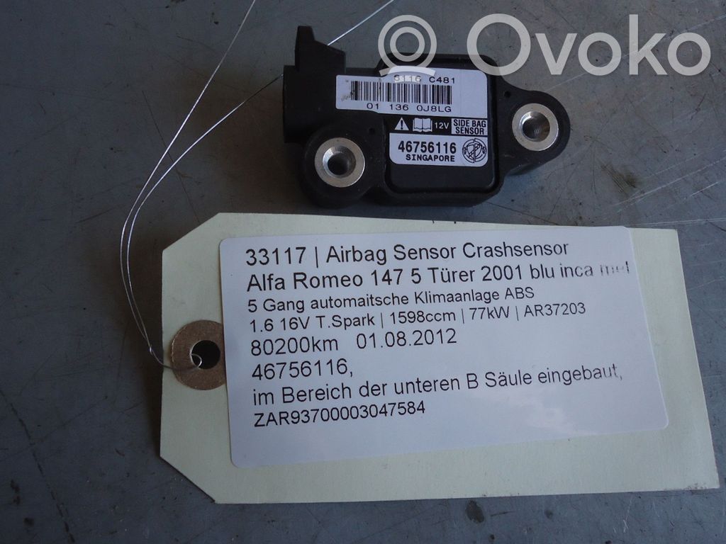 Alfa Romeo 147 Airbagsensor Crashsensor Drucksensor 